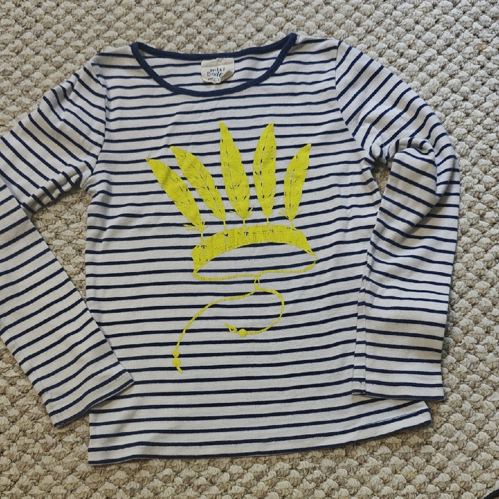 Mini Boden Navy Striped Shirt with Yellow Feather Design